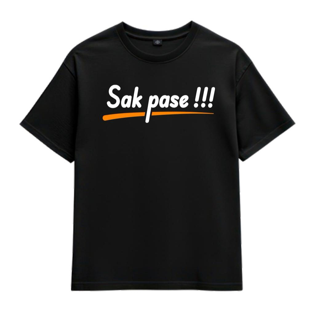 Black t-shirt with 'Sak pase !!!' text on a white background