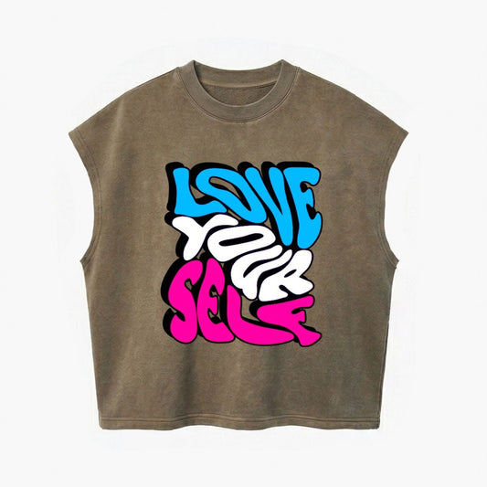 Brown sleeveless top with colorful 'Love My Self' text design on a white background