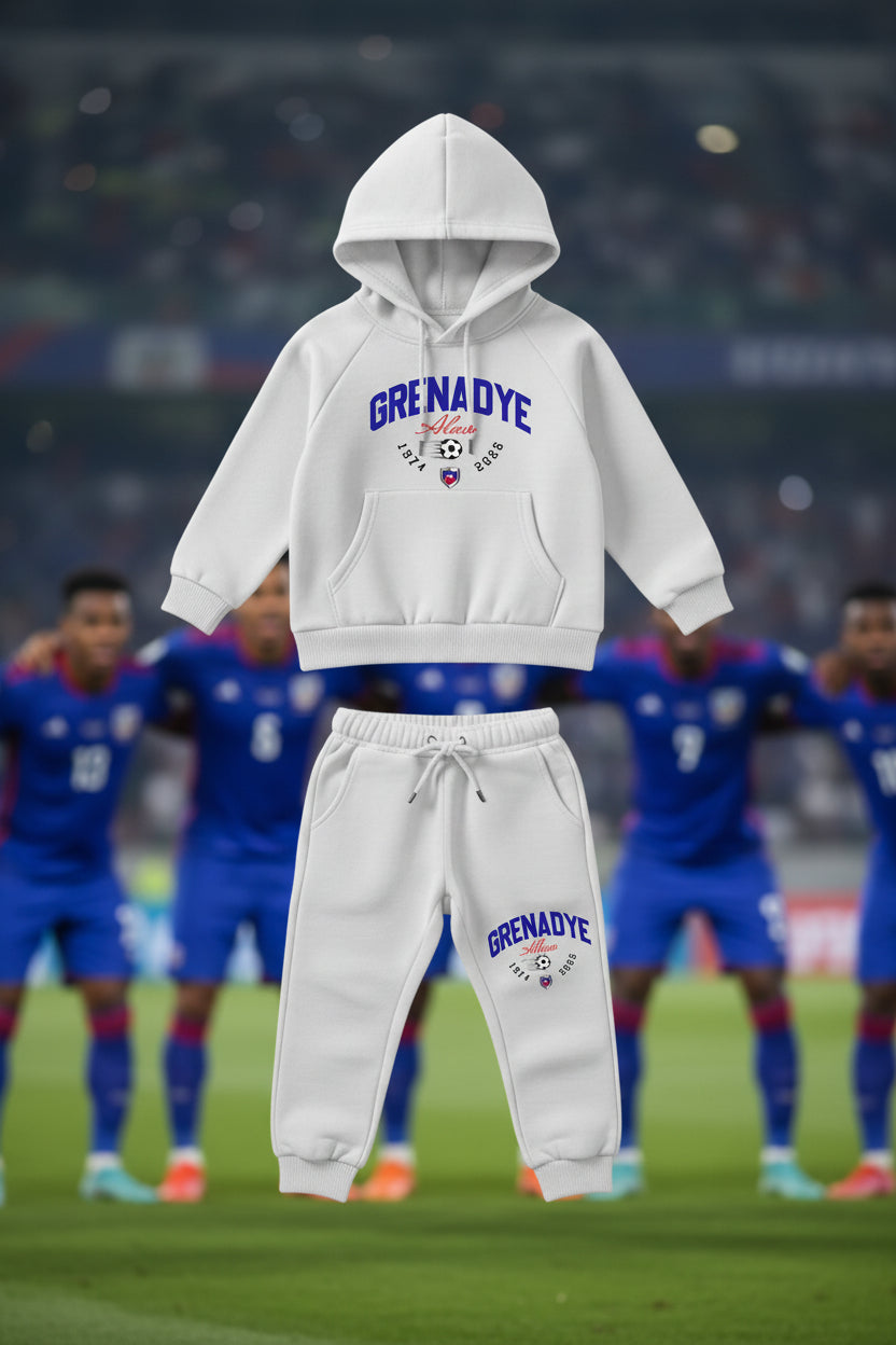 White hoodie and sweatpants set with 'Grenadye' branding on a black background