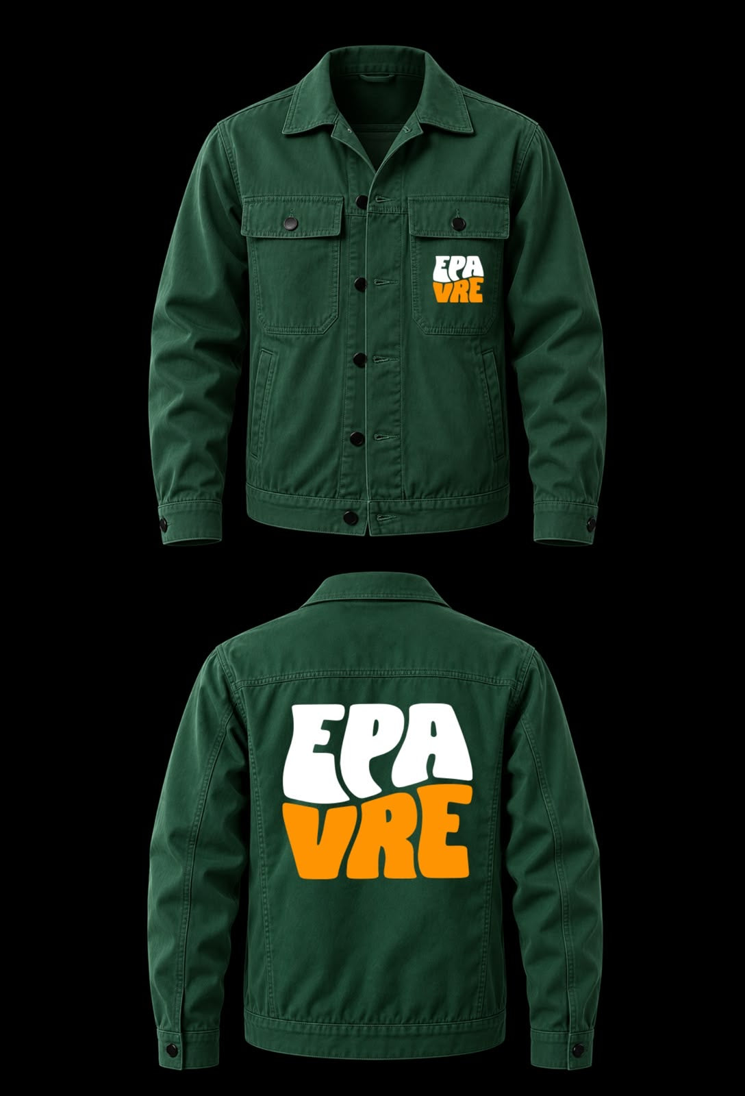 A dark green utility-style jacket shown from the front and back on a black background. The front has two chest pockets and a small white and orange 'EPA VRE' logo on the left chest.
