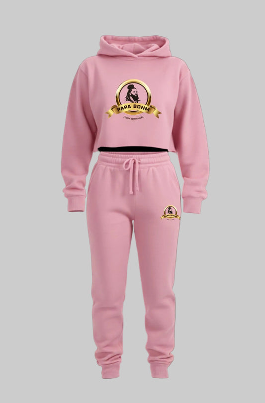Pink hoodie and sweatpants set with logos on a black background