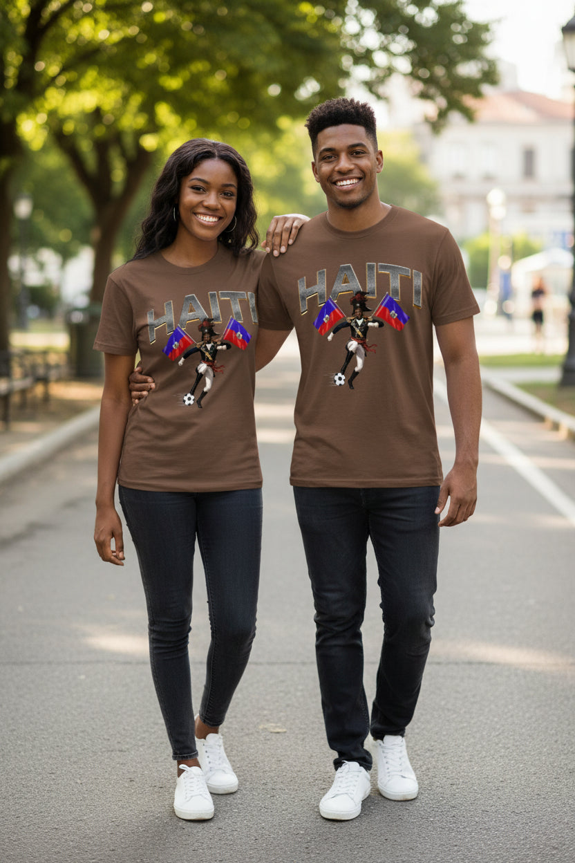 Brown t-shirt with Haiti text and flag design on a gray background