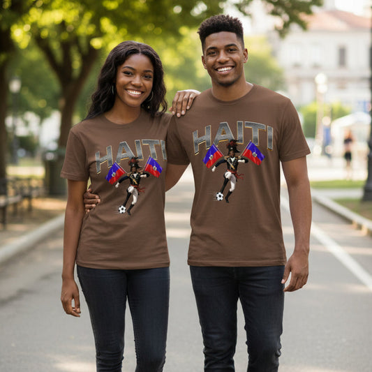 Brown t-shirt with Haiti text and flag design on a gray background