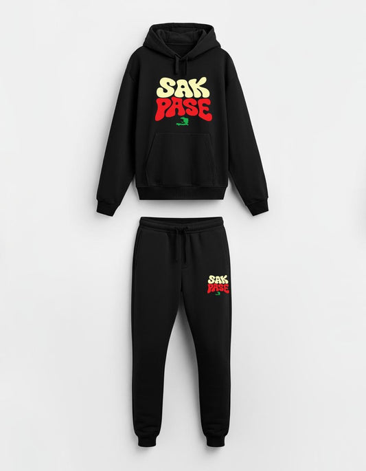 Black hoodie and pants set with 'Sak Pass' text on a white background