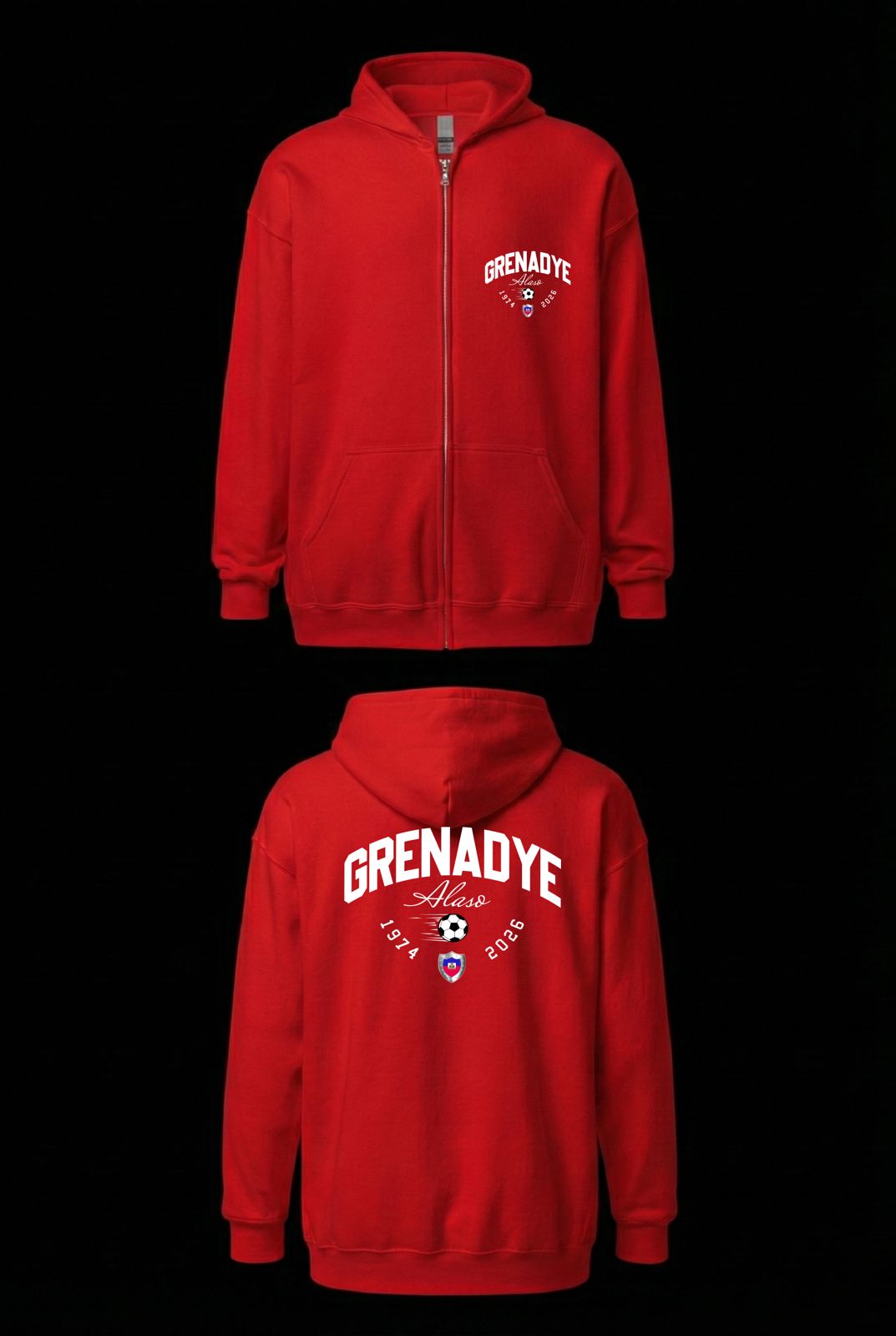 Red hoodie with 'Grenadie' branding on a black background