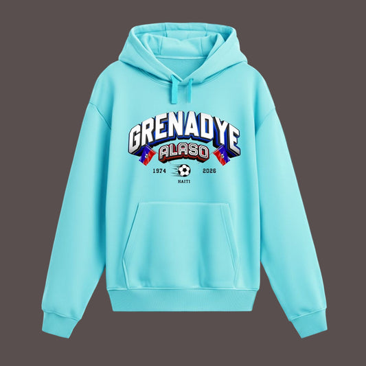 Light blue hoodie with 'Grenadaye Alabo' text and design on a black background