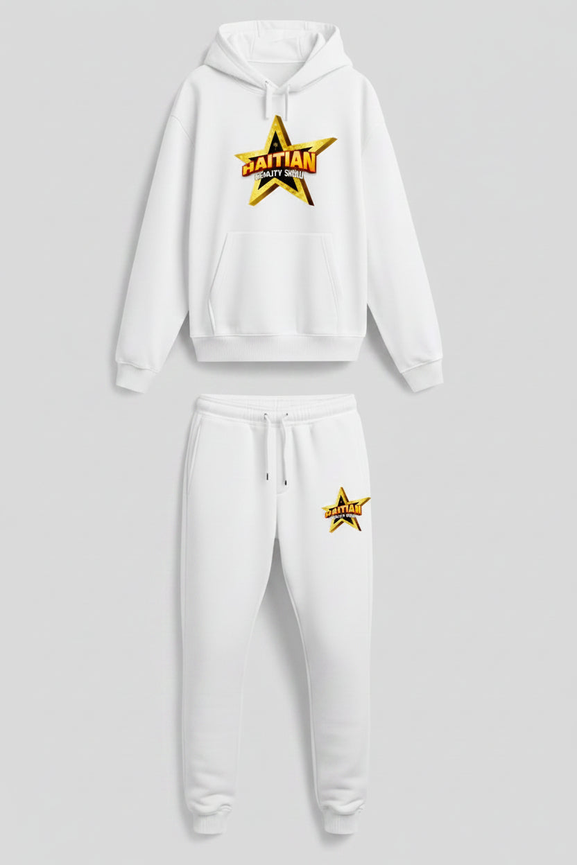 A white two-piece tracksuit set consisting of a pullover hoodie and matching jogger pants, displayed against a solid black background. The hoodie features a large yellow and gold star graphic on the chest with the word 'SATAN' in red.