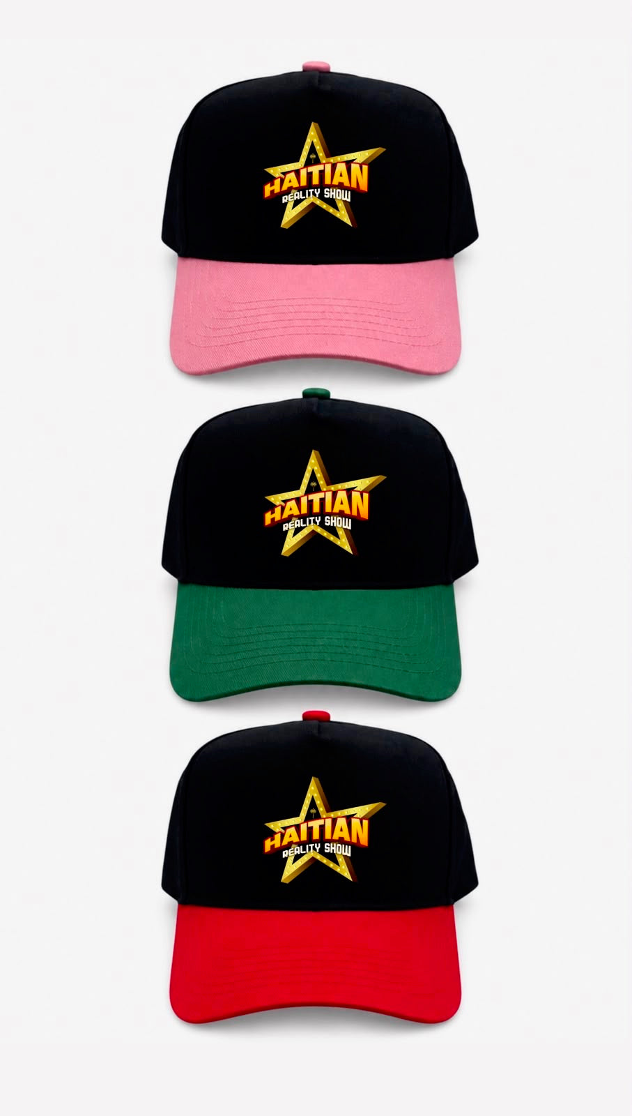 Three baseball caps shown vertically on a light gray background, each with a black crown, curved brim, and a different brim color: pink, green, and red. Each cap has a large embroidered yellow star with the word 'FATTIAN' and smaller text underneath.