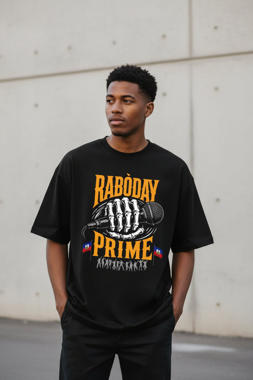 Black t-shirt with a graphic design featuring 'Raboday Prime' on a white background