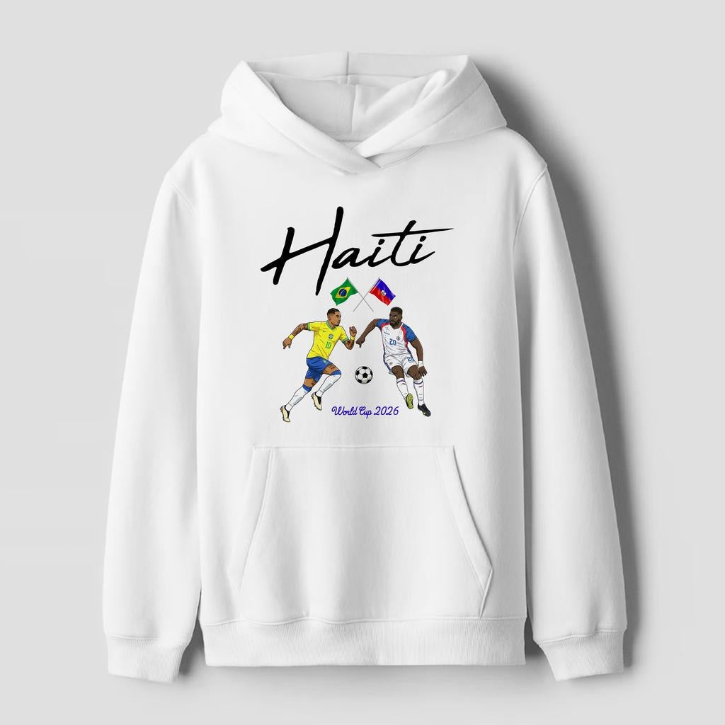 White hoodie with 'Haiti' text and soccer design on a gray background