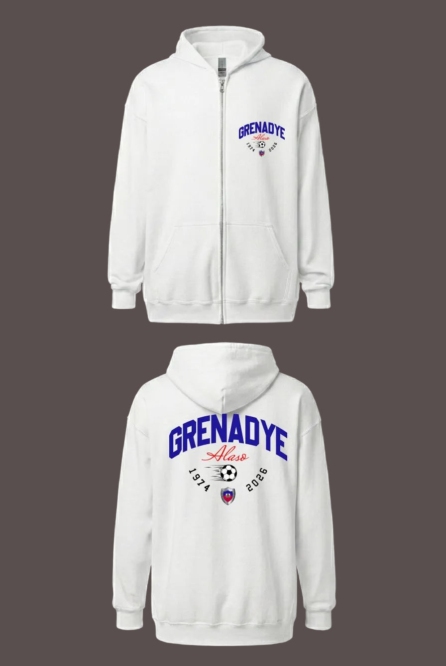 White hoodie with 'Grenadeye' branding on a black background