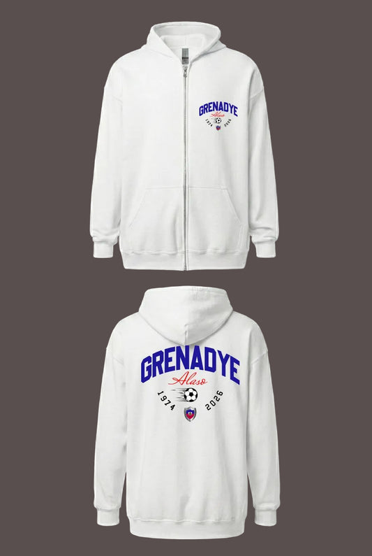 White hoodie with 'Grenadeye' branding on a black background
