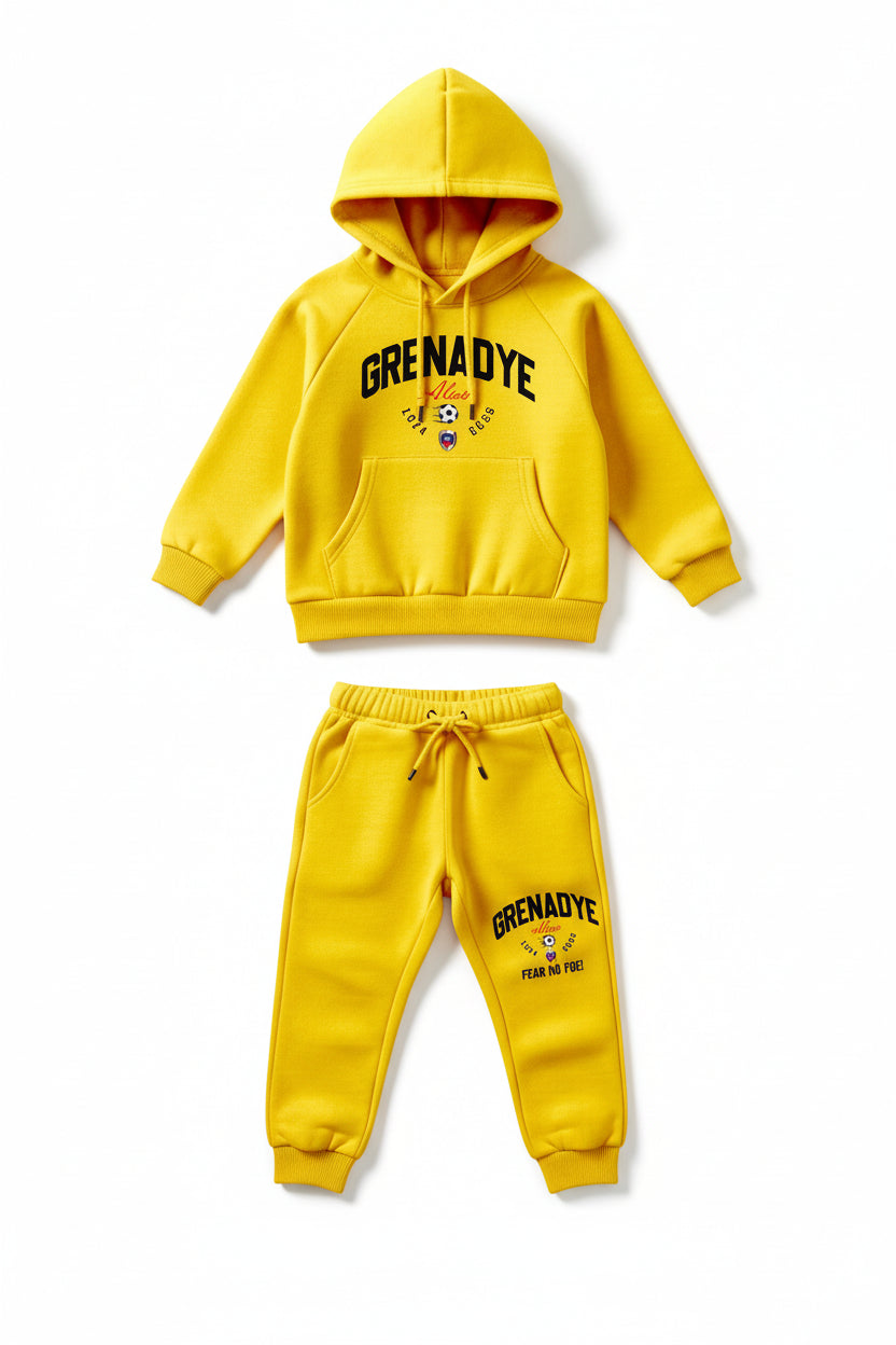 Yellow hoodie and sweatpants set with 'Grenadye' branding on a black background