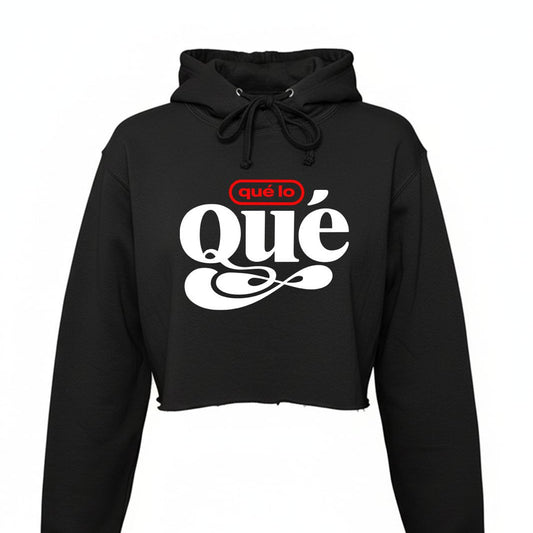 Black hoodie with white and red text on a white background