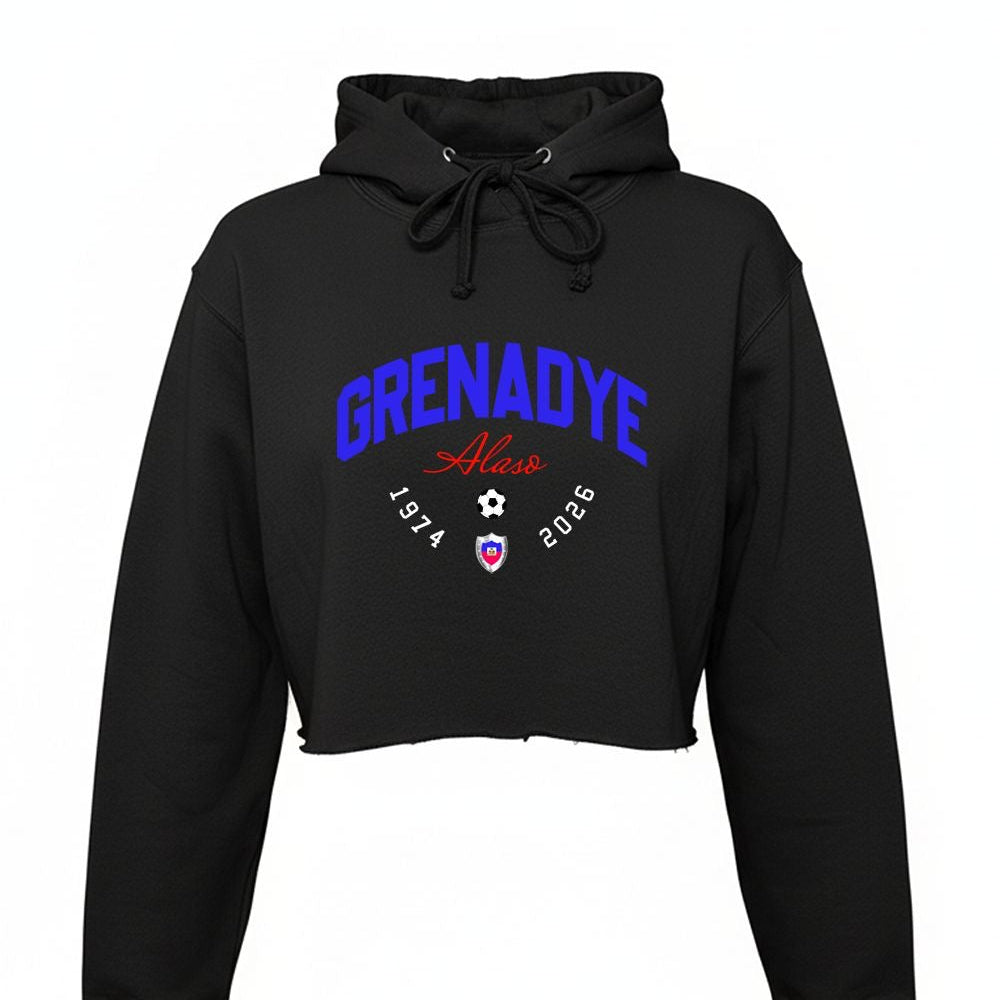Black cropped hoodie with 'Grenadye' text on a white background