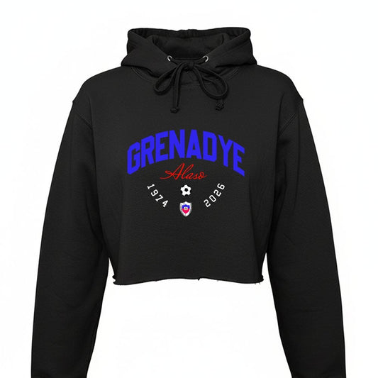 Black cropped hoodie with 'Grenadye' text on a white background