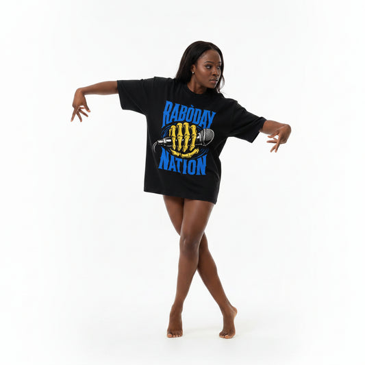Black t-shirt with skeleton hand holding a microphone and 'Raboday Nation' text on a white background