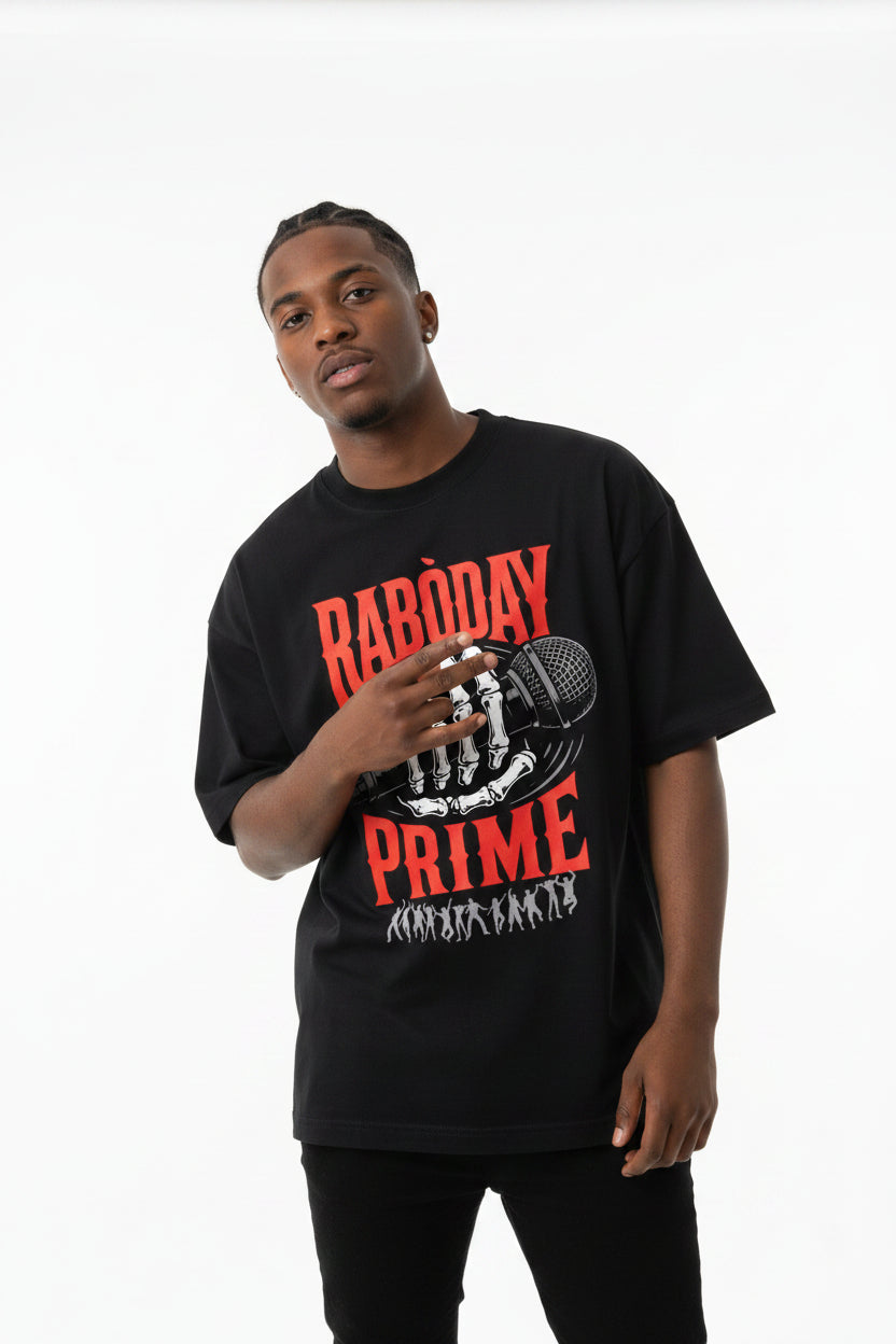 Black t-shirt with red and white graphic design on a white background