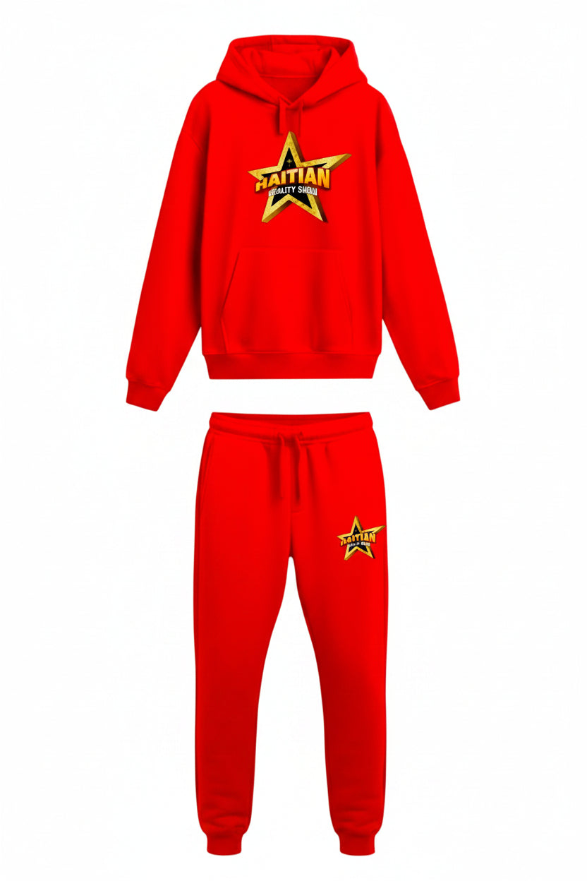 A two-piece red tracksuit set consisting of a pullover hoodie and matching jogger pants, both featuring a yellow and black star graphic on the chest and thigh. The hoodie has a large 'SATMAN' star logo on the chest, and the pants have a smaller matching star on the left thigh.