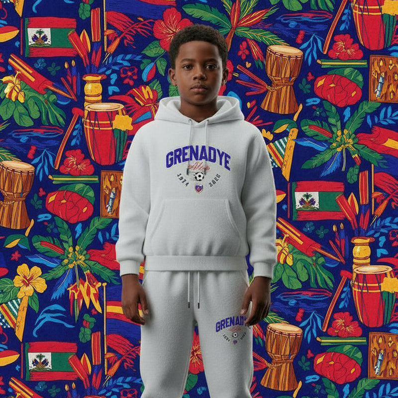 White hoodie and sweatpants set with 'Grenadye' branding on a black background