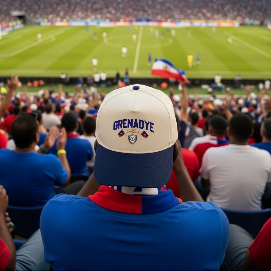Person wearing a Grenadye cap at a sports event with a stadium in the background