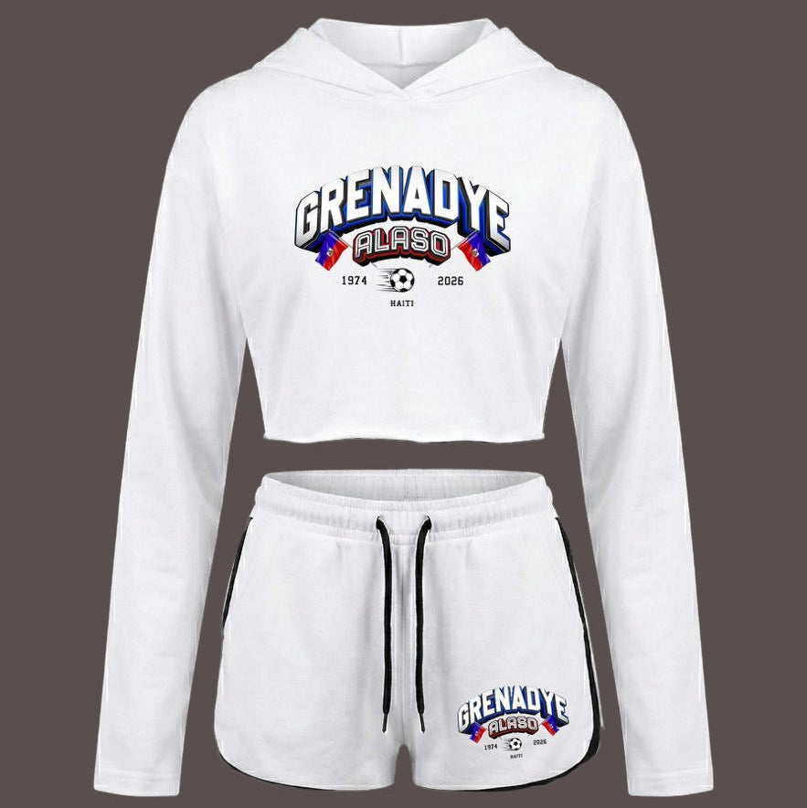 White hoodie and shorts set with 'Grenadine' branding on a black background