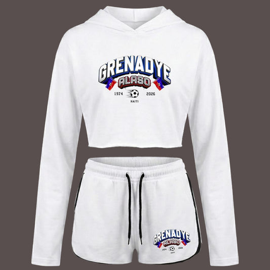 White hoodie and shorts set with 'Grenadine' branding on a black background