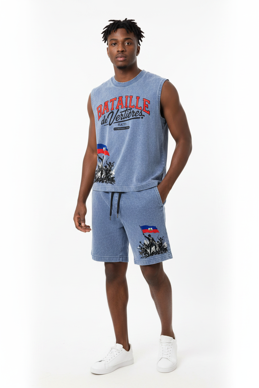 Blue sleeveless top and shorts set with 'Bataille de Vertières' text and flag design on a white background