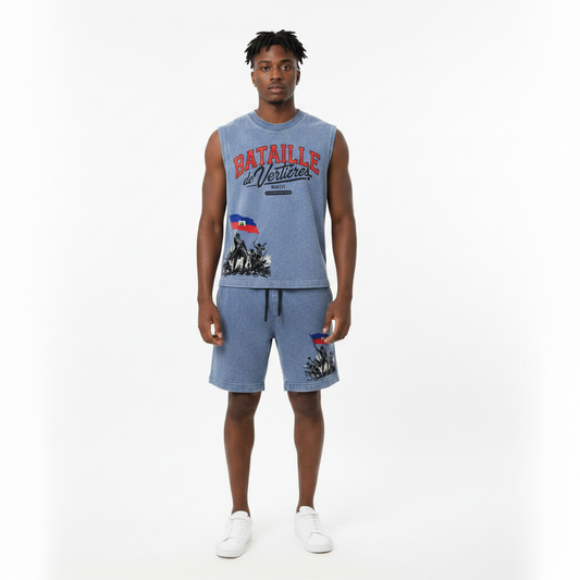Blue sleeveless top and shorts set with 'Bataille de Vertières' text and flag design on a white background