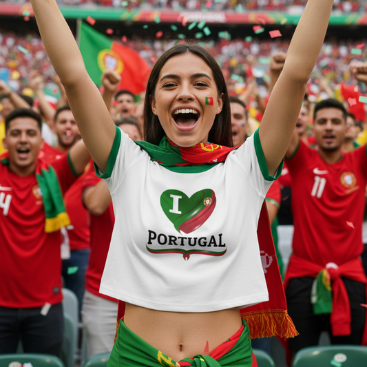 A woman in a crowded stadium celebrates with her arms raised, wearing a white Portugal jersey with a green and red heart graphic and the word PORTUGAL on the front, along with a Portugal flag draped around her neck.