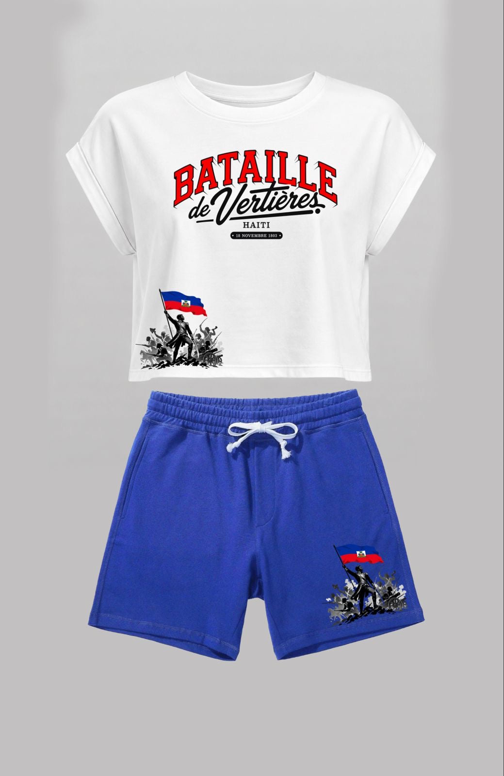 White t-shirt with red and black text and blue shorts on a gray background