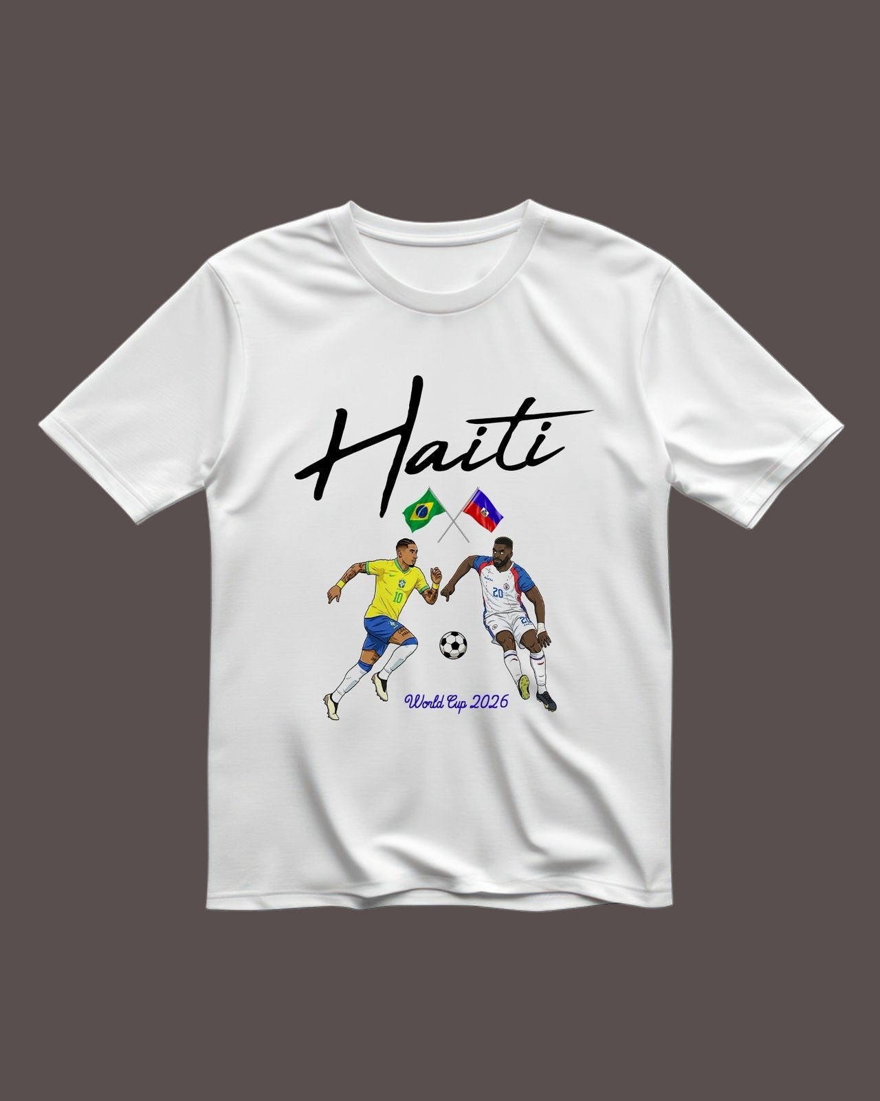 White t-shirt with Haiti text and soccer player graphics on a black background