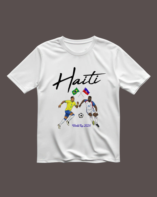 White t-shirt with Haiti text and soccer player graphics on a black background