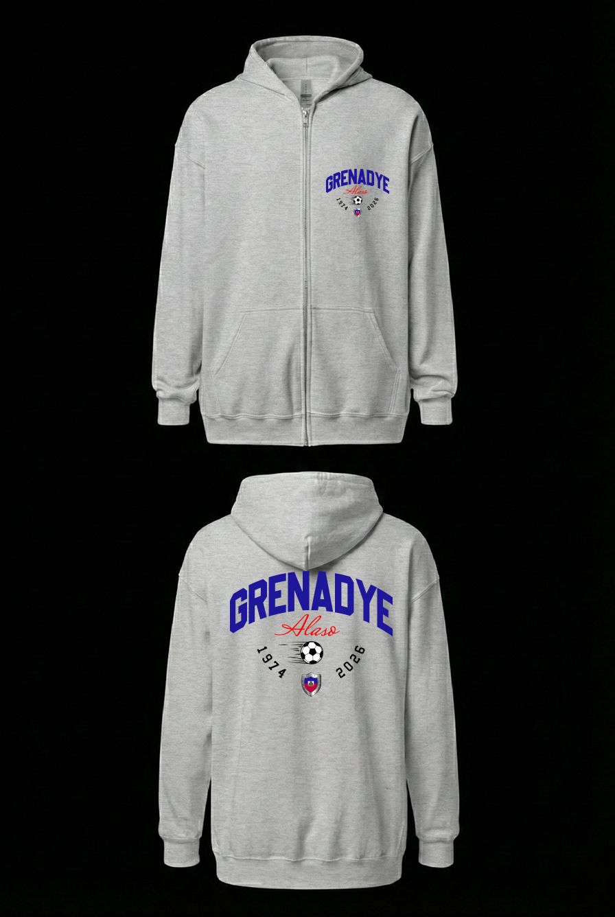 Gray hoodie with 'Grenadie' branding on a black background