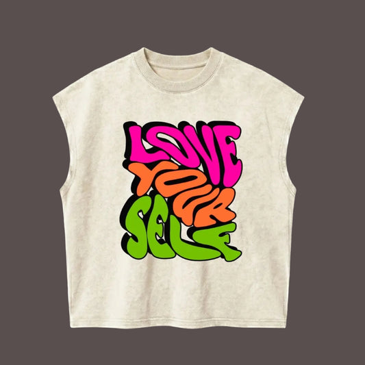 Beige sleeveless top with colorful 'I love myself' text on a black background