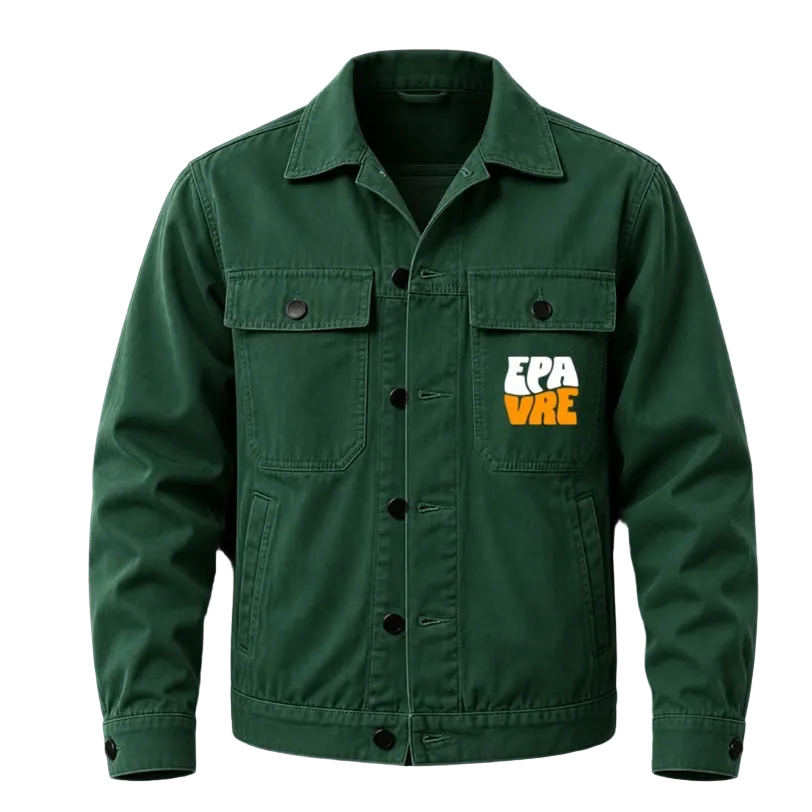A dark green utility-style jacket with a button-front closure, flap chest pockets, and a chest graphic reading 'EPA VRE' in white and orange, shown on a black background.