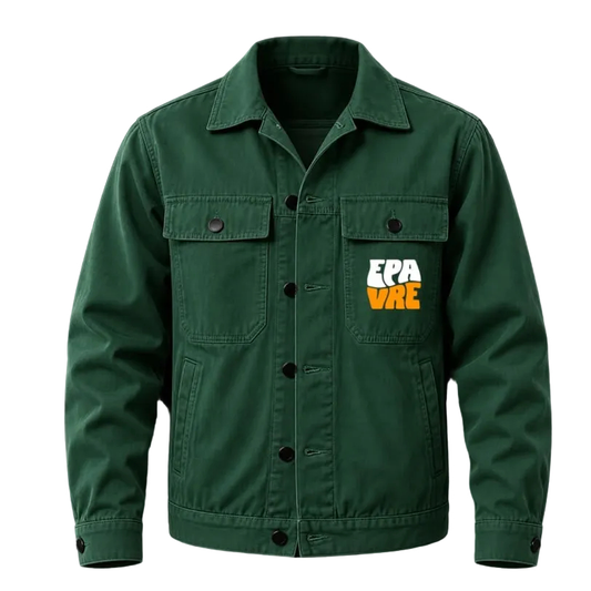 A dark green utility-style jacket with a button-front closure, flap chest pockets, and a chest graphic reading 'EPA VRE' in white and orange, shown on a black background.
