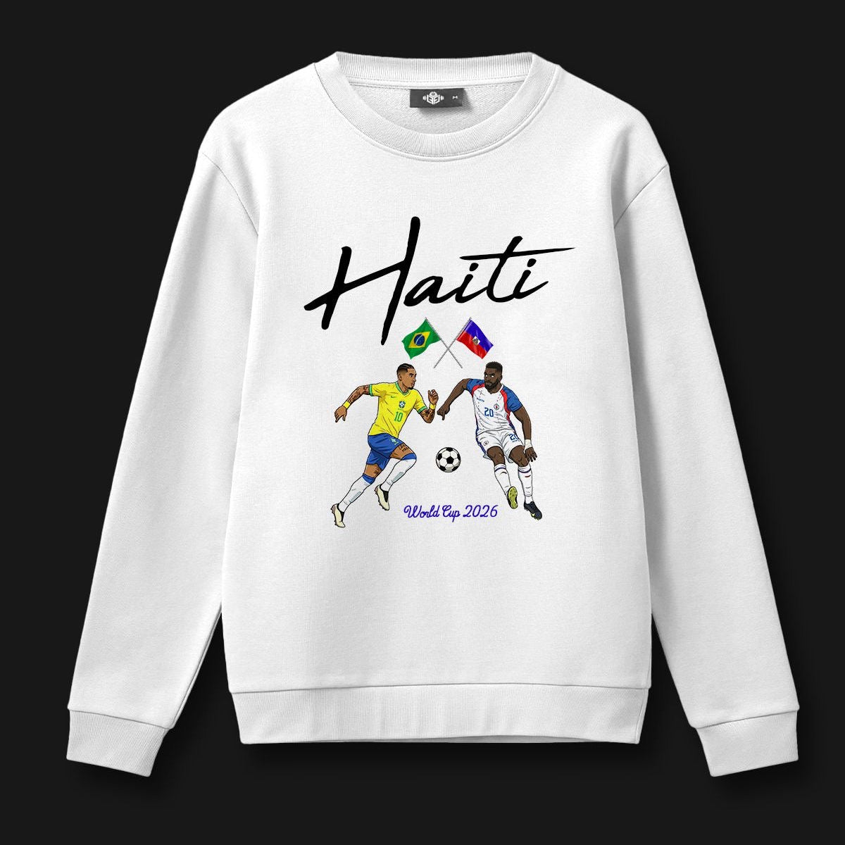 White sweatshirt with Haiti text and soccer players design on a black background