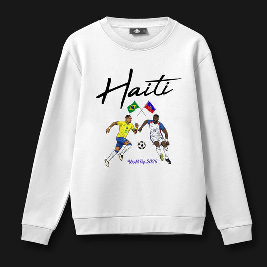 White sweatshirt with Haiti text and soccer players design on a black background