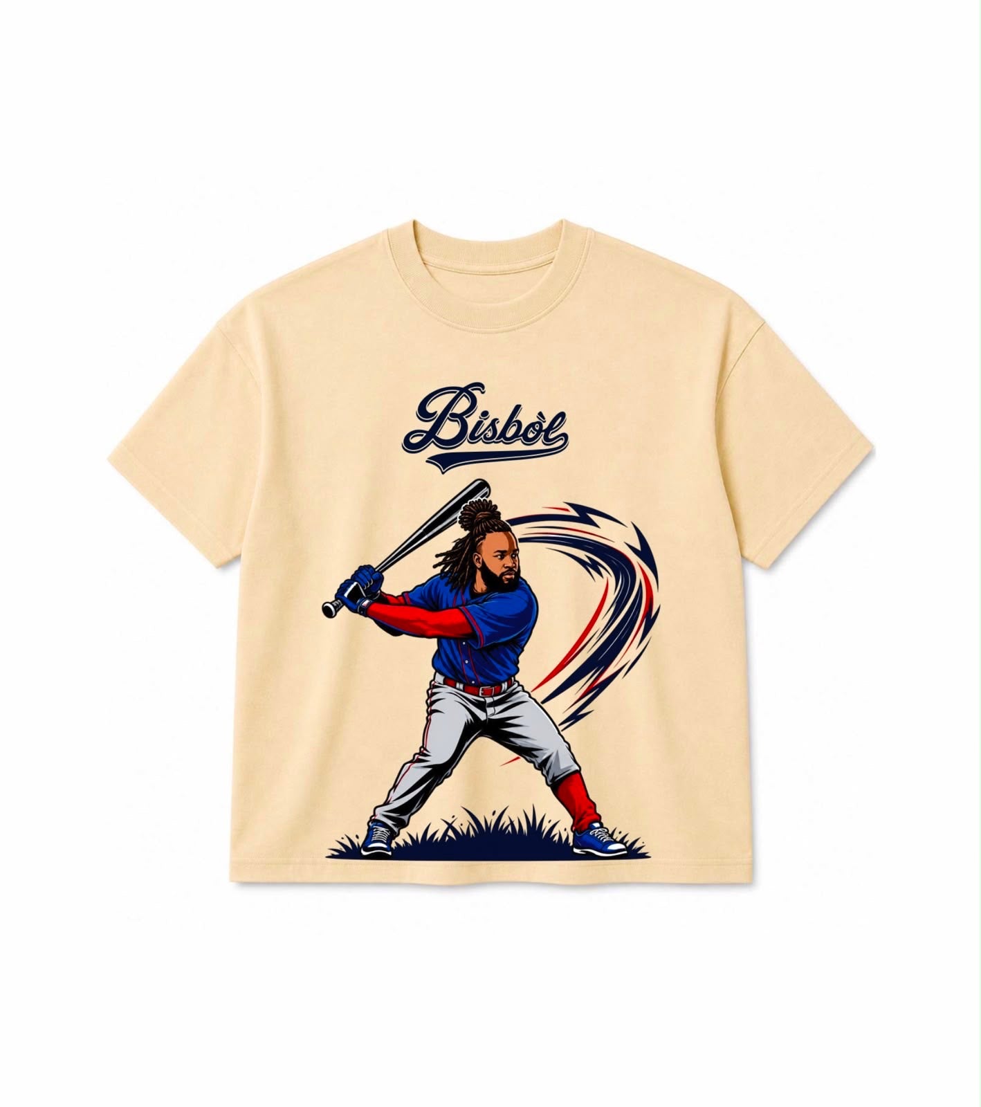 A beige short-sleeve t-shirt featuring a graphic illustration of a baseball player in a batting stance with the word 'Bisbee' printed above, displayed on a clean white background.
