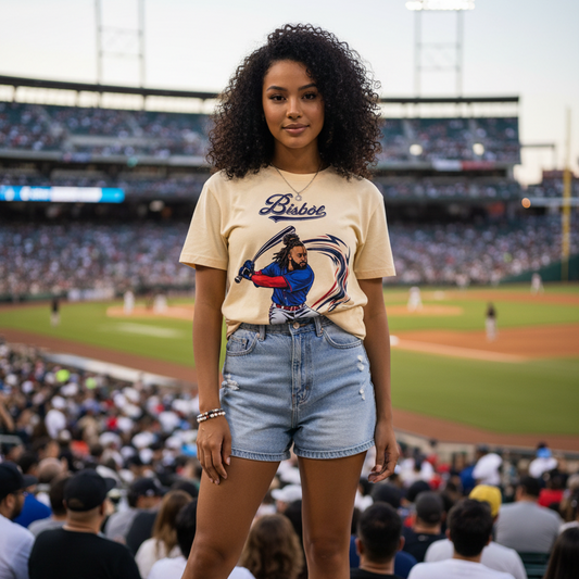 A woman stands at a stadium wearing a beige Boise Broncos graphic t-shirt, light-wash denim shorts, and white sneakers, with the baseball field and crowd visible in the background.